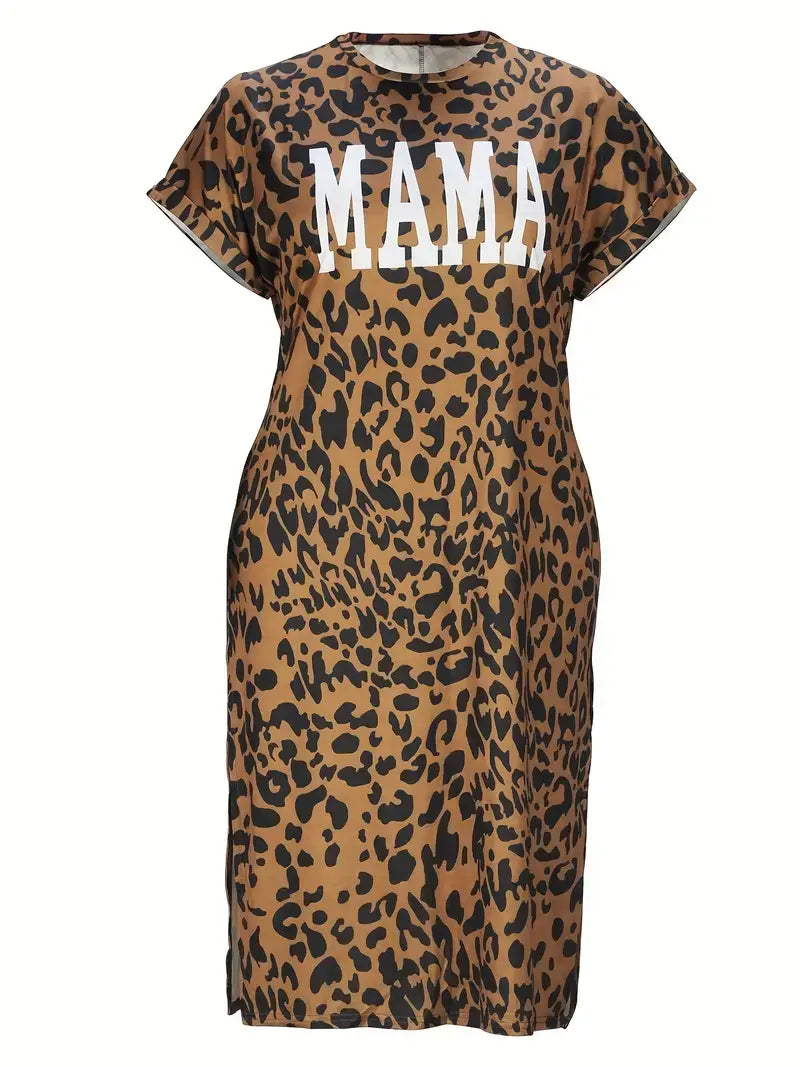 Plus Size Casual Dress, Women's Plus Leopard & Letter Print