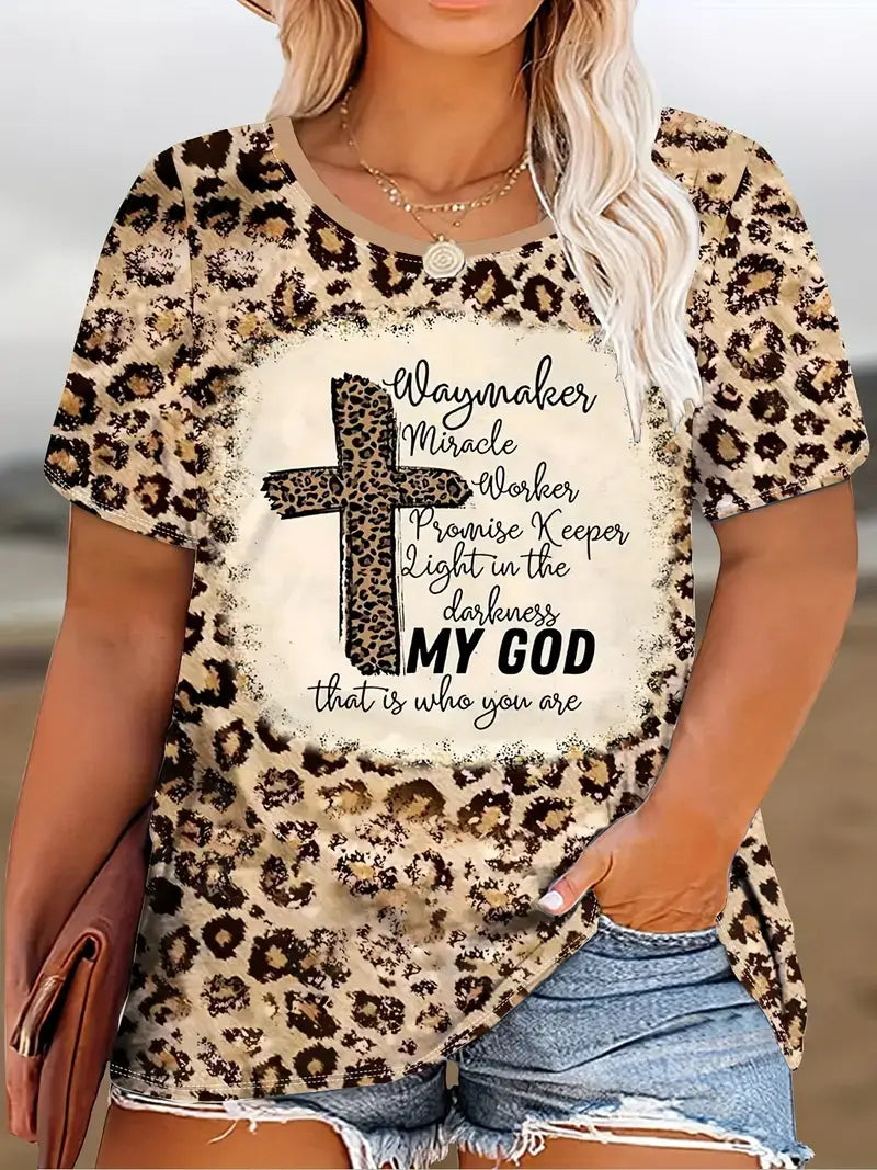 Plus Size Western T-shirt, Women's Plus Leopard Letter Print