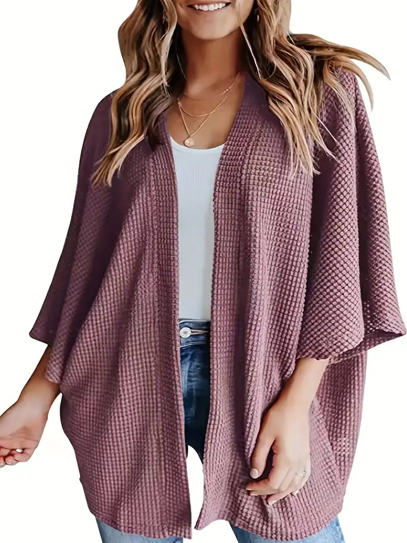 Plus Size Casual Cardigan, Women's Plus Solid Waffle Pattern