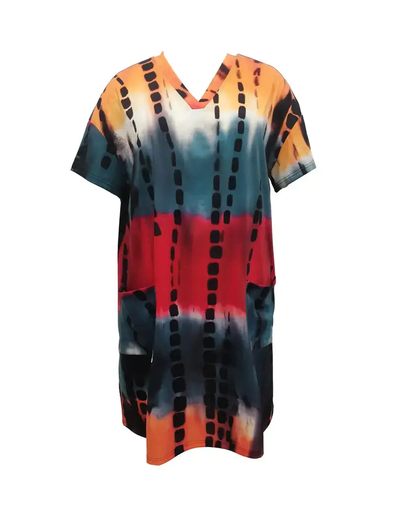 Plus Size Casual Dress, Women's Plus Tie Dye Ruched Dress