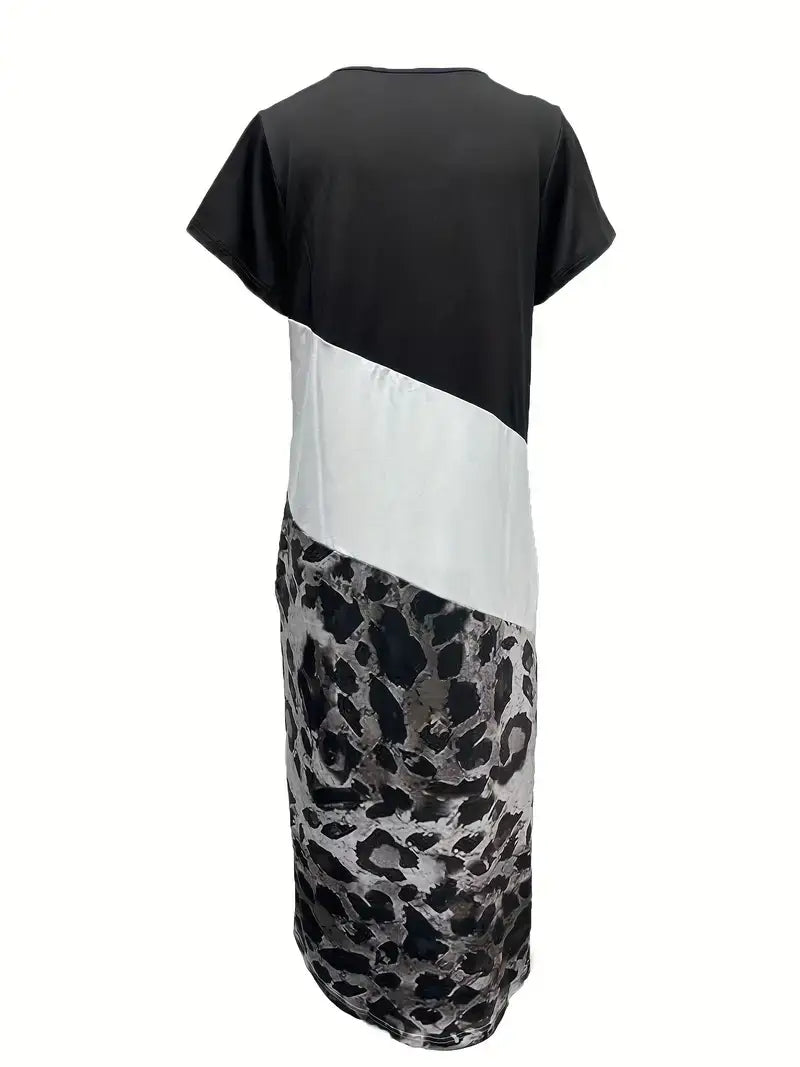 Plus Size Casual Dress,Women's Plus Colorblock Leopard Print