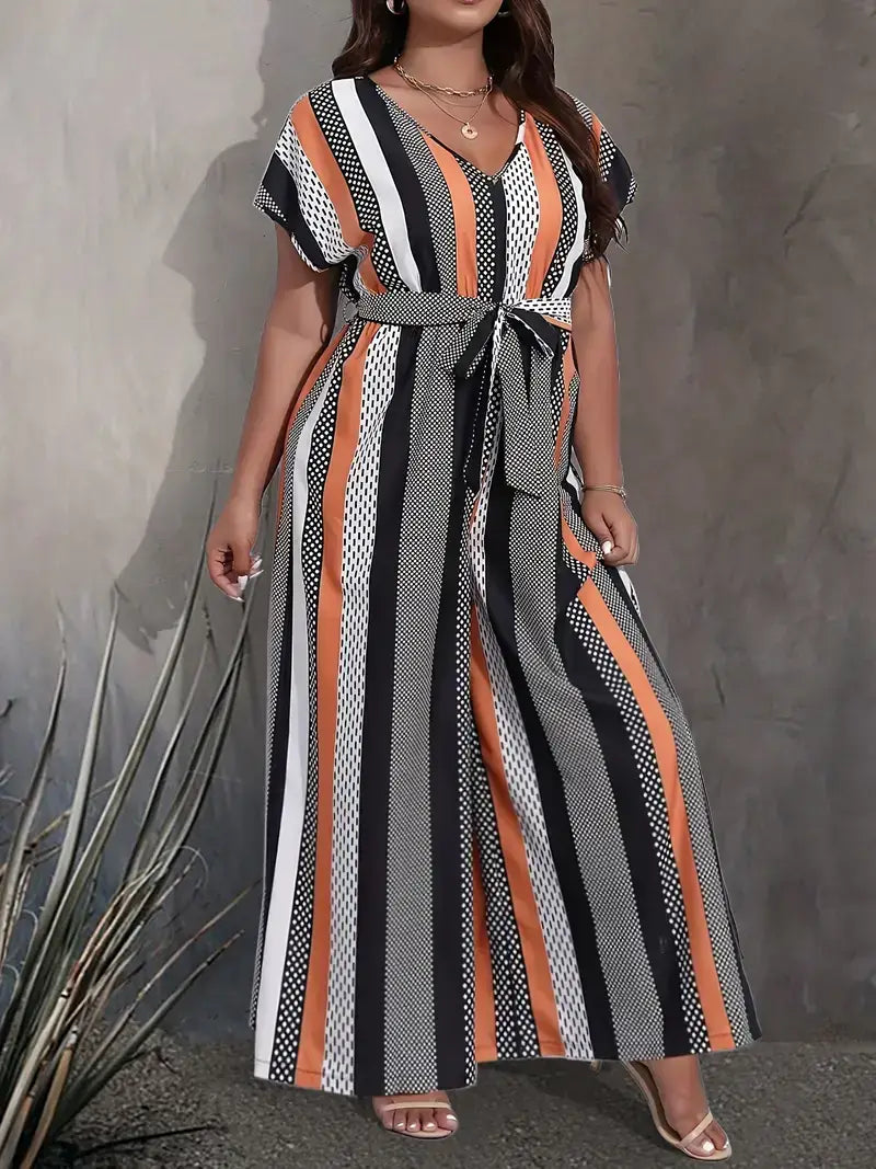 Plus Size Casual Jumpsuit, Women's Plus Colorblock Dot Print