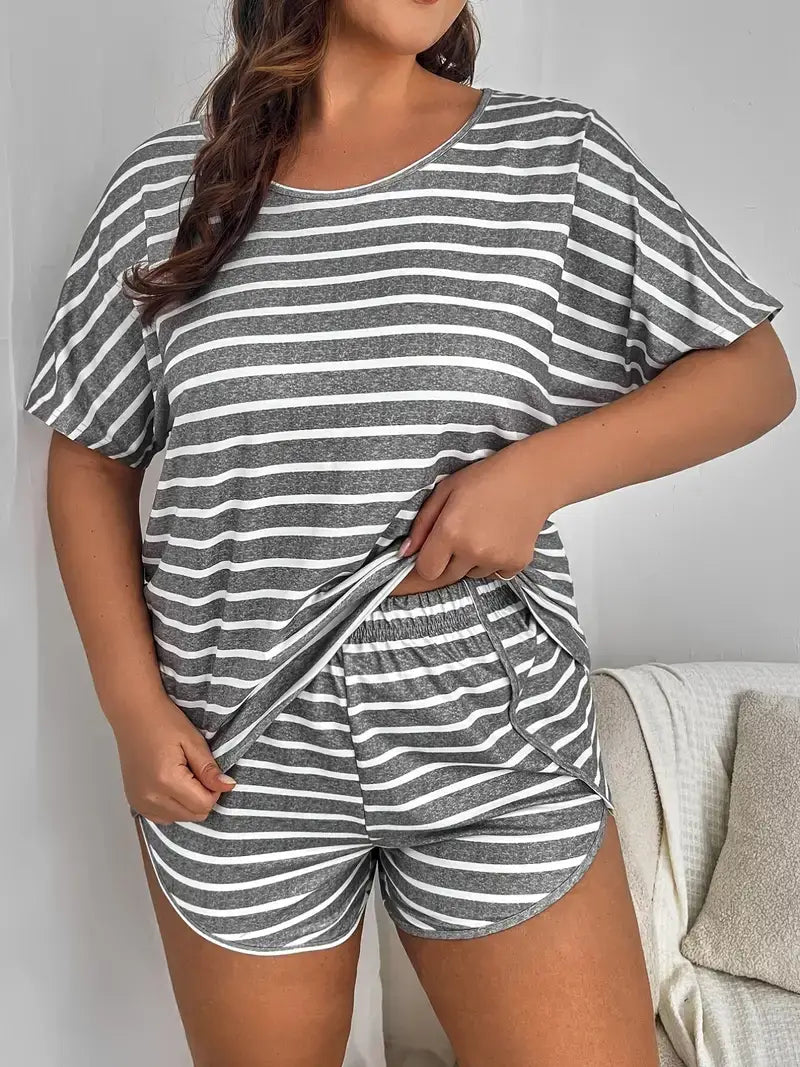 Plus Size Outfits Two Piece Set, Women's Plus Stripe Print