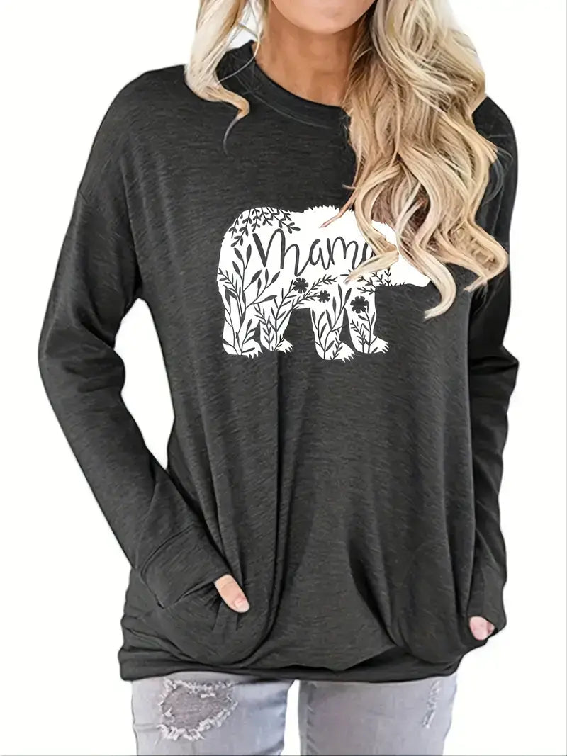 Plus Size Casual Sweatshirt, Women's Plus Floral Bear Print