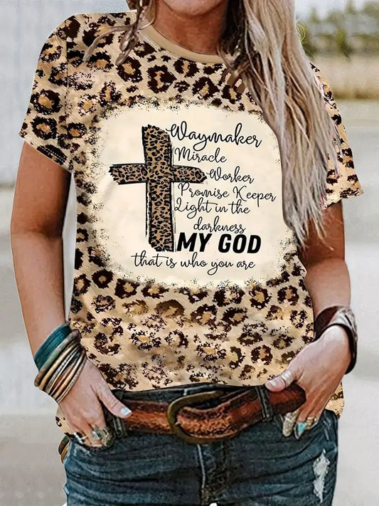 Plus Size Western T-shirt, Women's Plus Leopard Letter Print