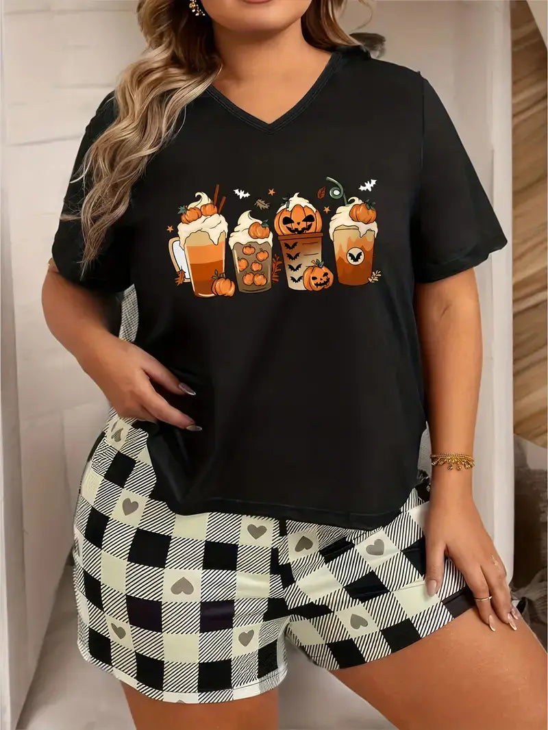 Plus Size Halloween Loungewear Top, Bat & Pumpkin Drinks