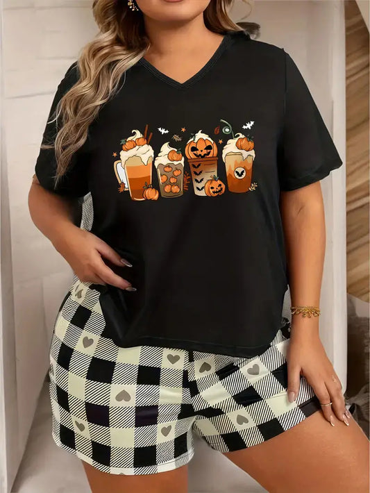 Plus Size Halloween Loungewear Top, Bat & Pumpkin Drinks