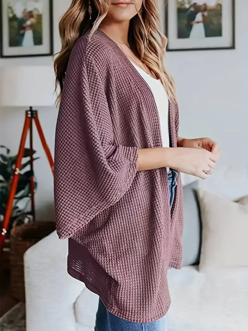 Plus Size Casual Cardigan, Women's Plus Solid Waffle Pattern