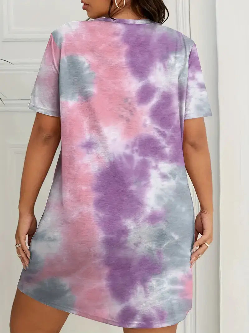 Plus Size Casual Nightdress, Women's Plus Tie Dye