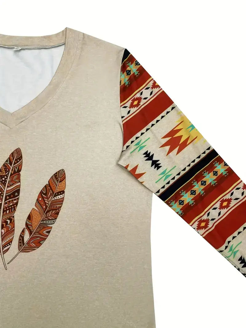 Plus Size Boho T-shirt, Women's Plus Feather & Southwestern