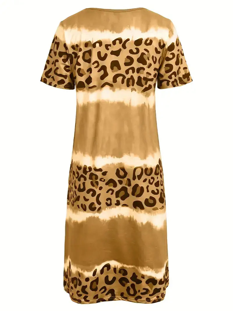 Plus Size Casual Dress, Women's Plus Tie Dye Leopard Print