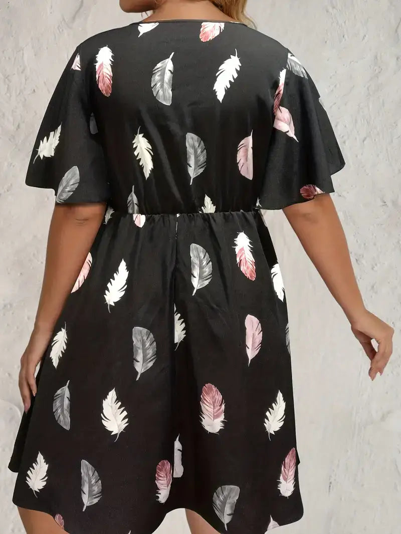 Plus Size Casual Dress, Women's Plus Feather Print