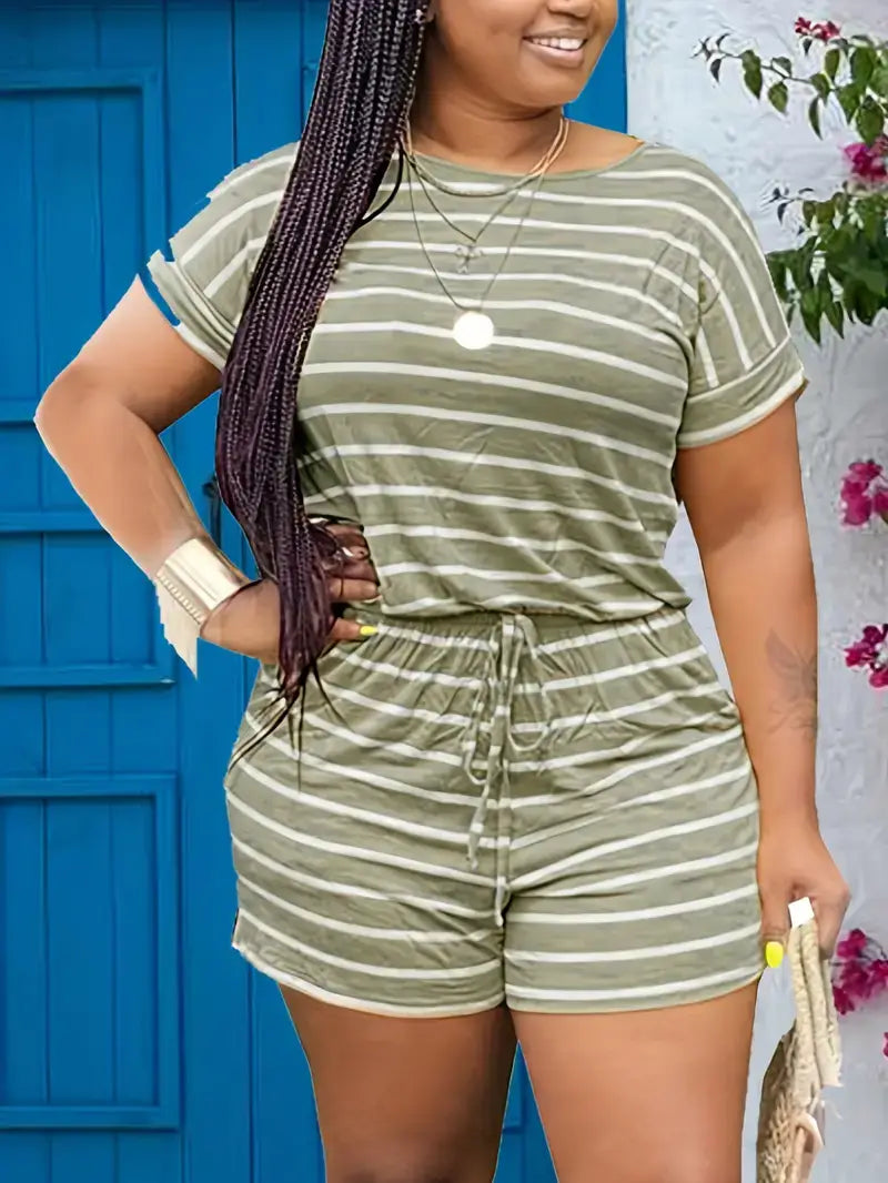 Plus Size Casual Outfits Two Piece Set, Stripe Print