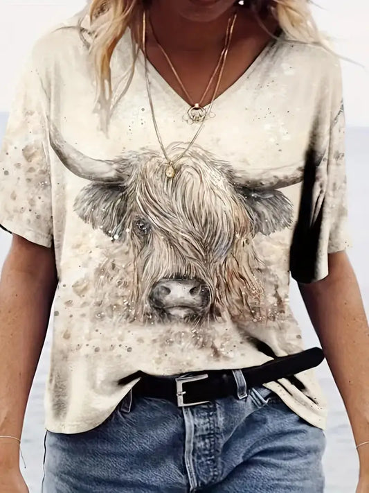 Plus Size Casual T-shirt, Women's Plus Cow Head Print