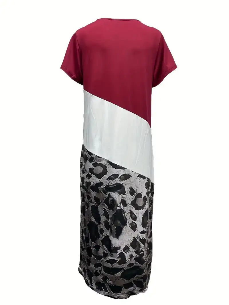 Plus Size Casual Dress,Women's Plus Colorblock Leopard Print