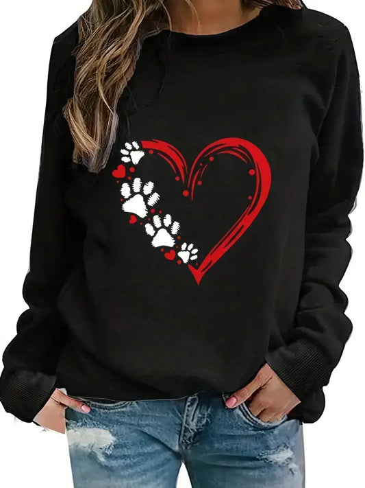 Plus Size Casual Sweatshirt, Women's Plus Paw Heart Print