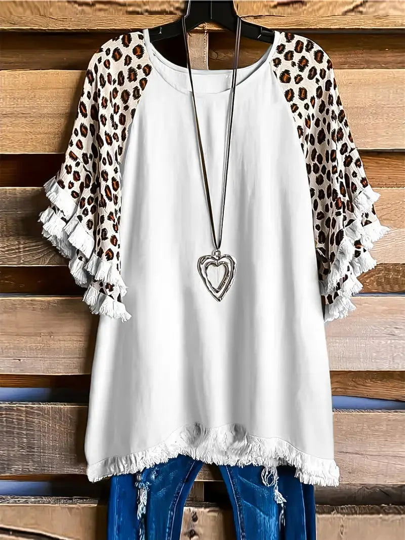 Plus Size Boho T-shirt,Women's Plus Colorblock Leopard Print