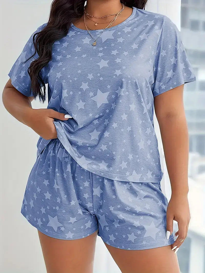 Plus Size Casual Pajama Two Piece Set, Star Print