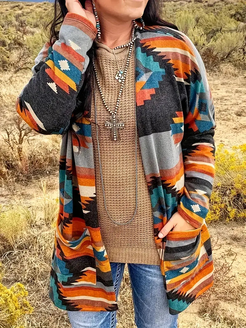 Plus Size Boho Cardigan, Women's Plus Aztec Print