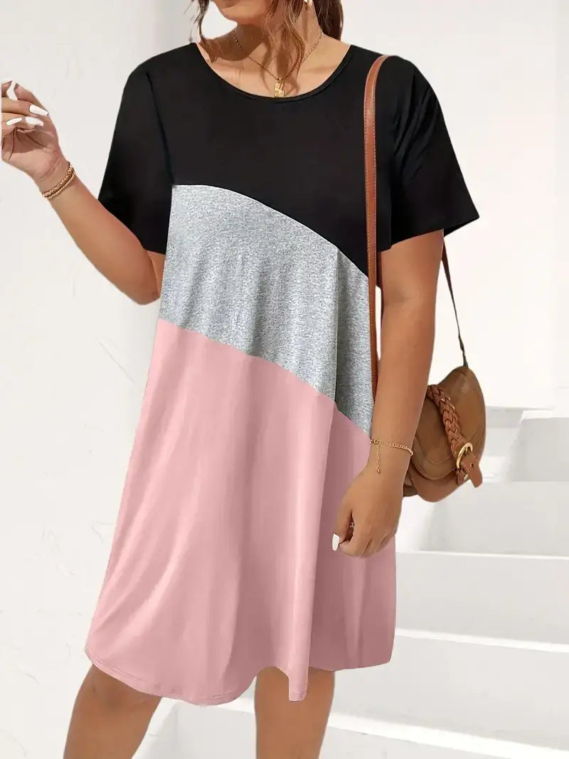 Plus Size Casual Dress, Women's Plus Colorblock Short Sleeve