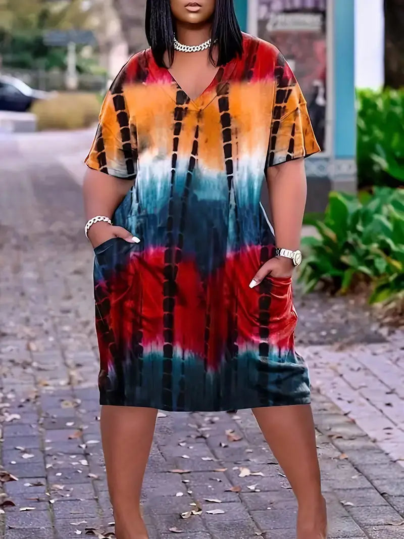 Plus Size Casual Dress, Women's Plus Tie Dye Ruched Dress