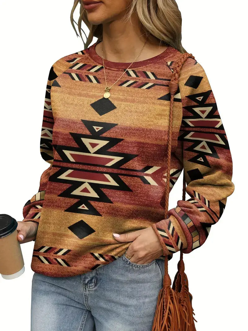 Plus Size Boho Sweatshirt, Women's Plus Aztec Print