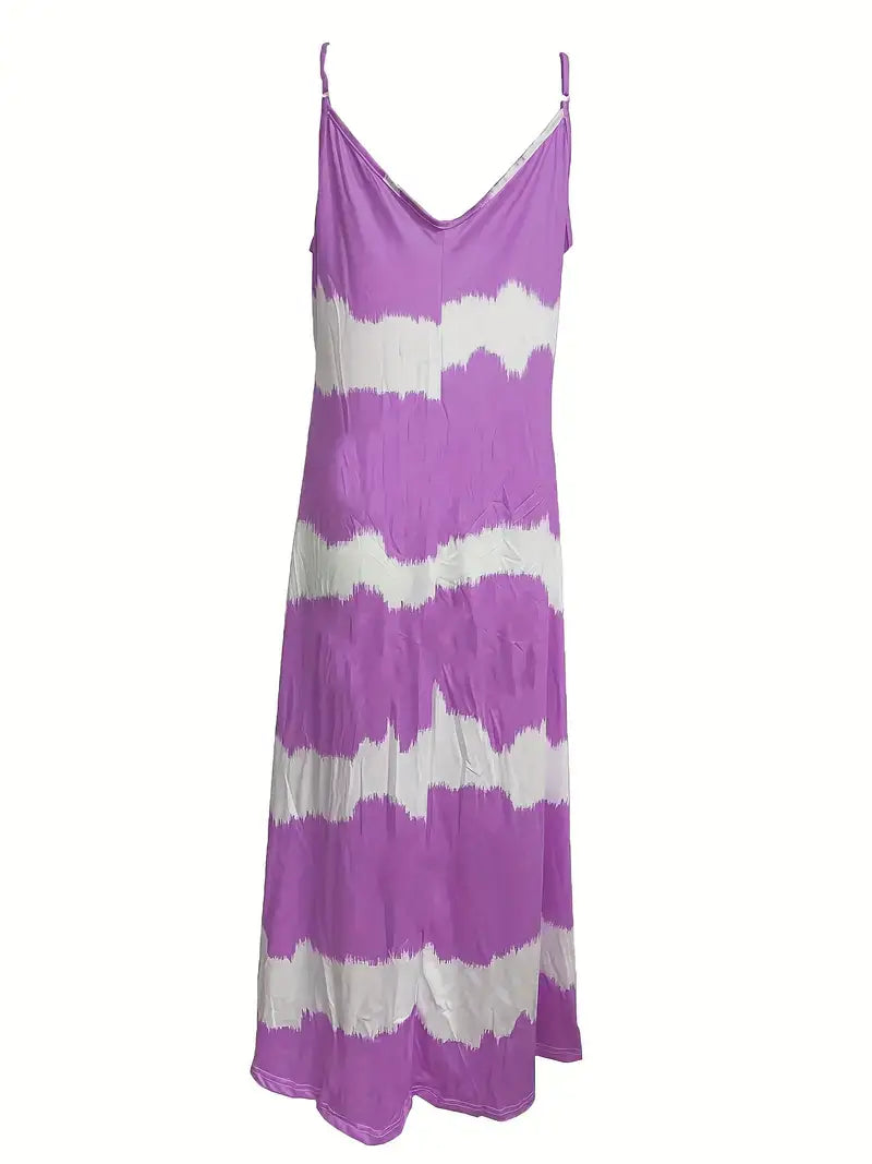 Plus Size Casual Dress, Women's Plus Tie Dye Striped V Neck