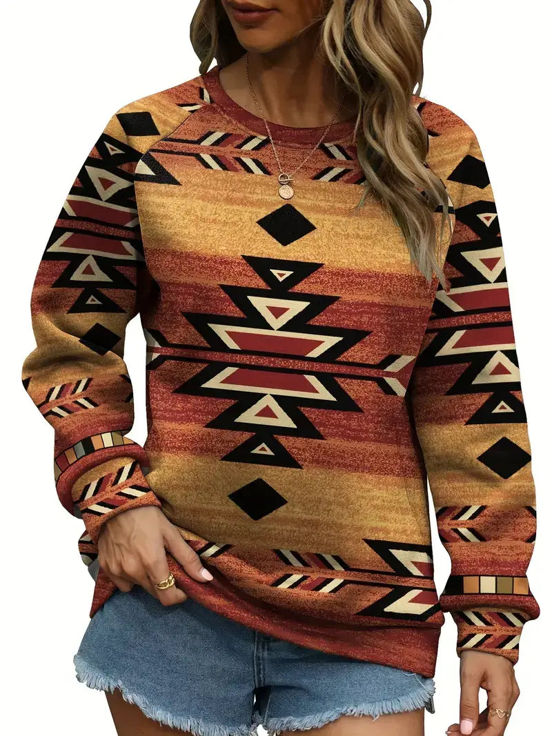 Plus Size Boho Sweatshirt, Women's Plus Aztec Print