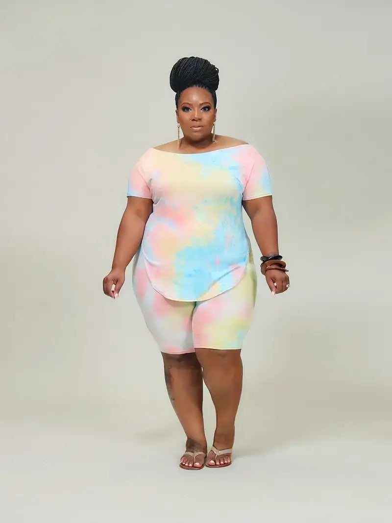 Plus Size Tie Dye Print Boat Collar Tops & Skinny Shorts Set