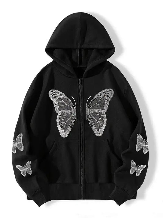 Plus Size Butterfly Printed Zip Up Long Sleeve Hoodie