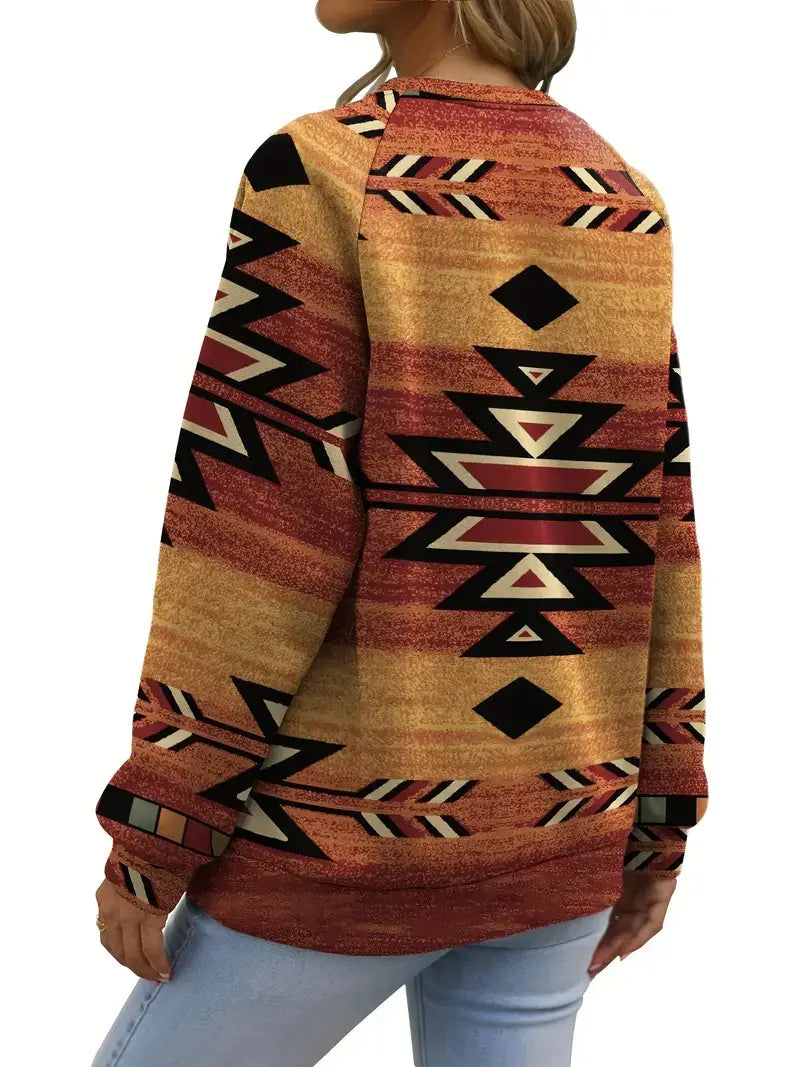 Plus Size Boho Sweatshirt, Women's Plus Aztec Print