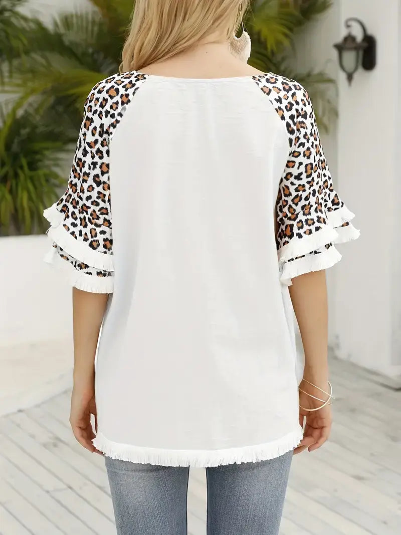 Plus Size Boho T-shirt,Women's Plus Colorblock Leopard Print