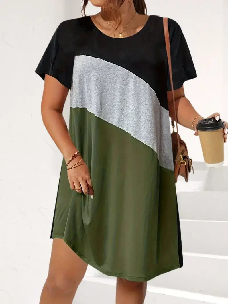 Plus Size Casual Dress, Women's Plus Colorblock Short Sleeve