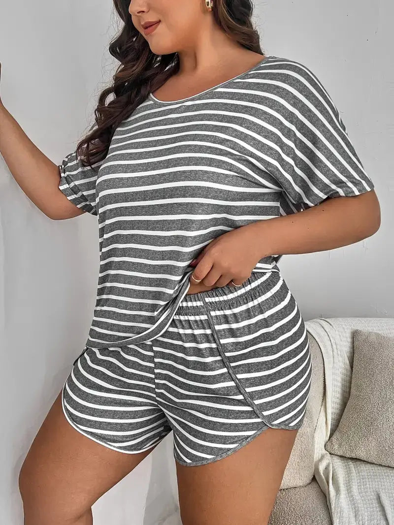 Plus Size Outfits Two Piece Set, Women's Plus Stripe Print