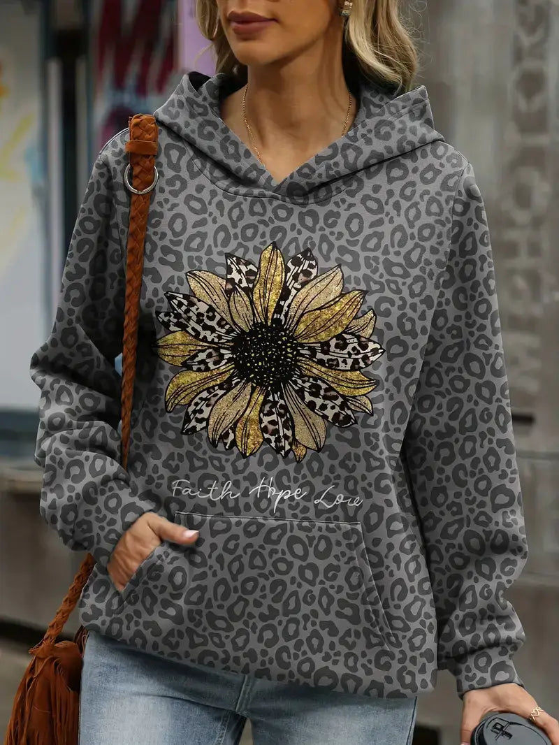 Plus Size Casual Sweatshirt,Women's Plus Leopard & Sunflower