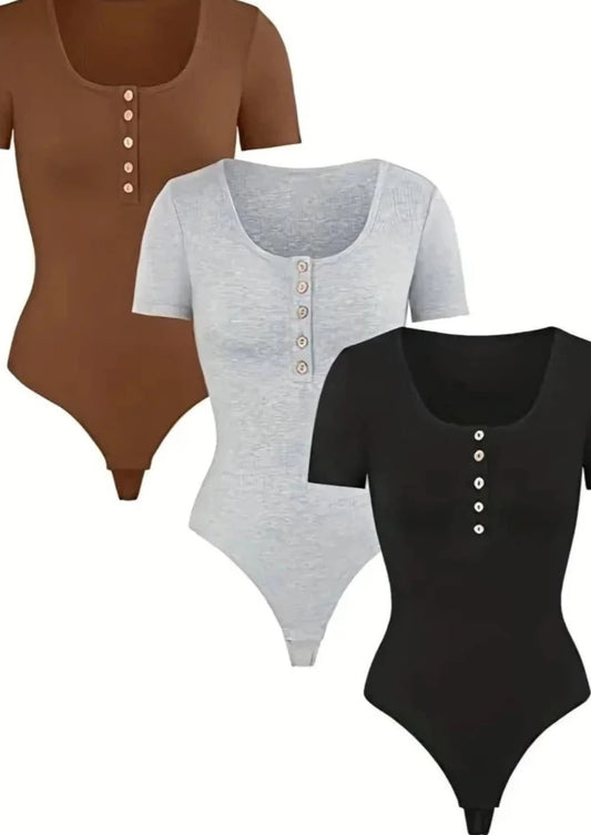 3 Pack Plus Size Basic Bodysuit, Women's Plus Plain