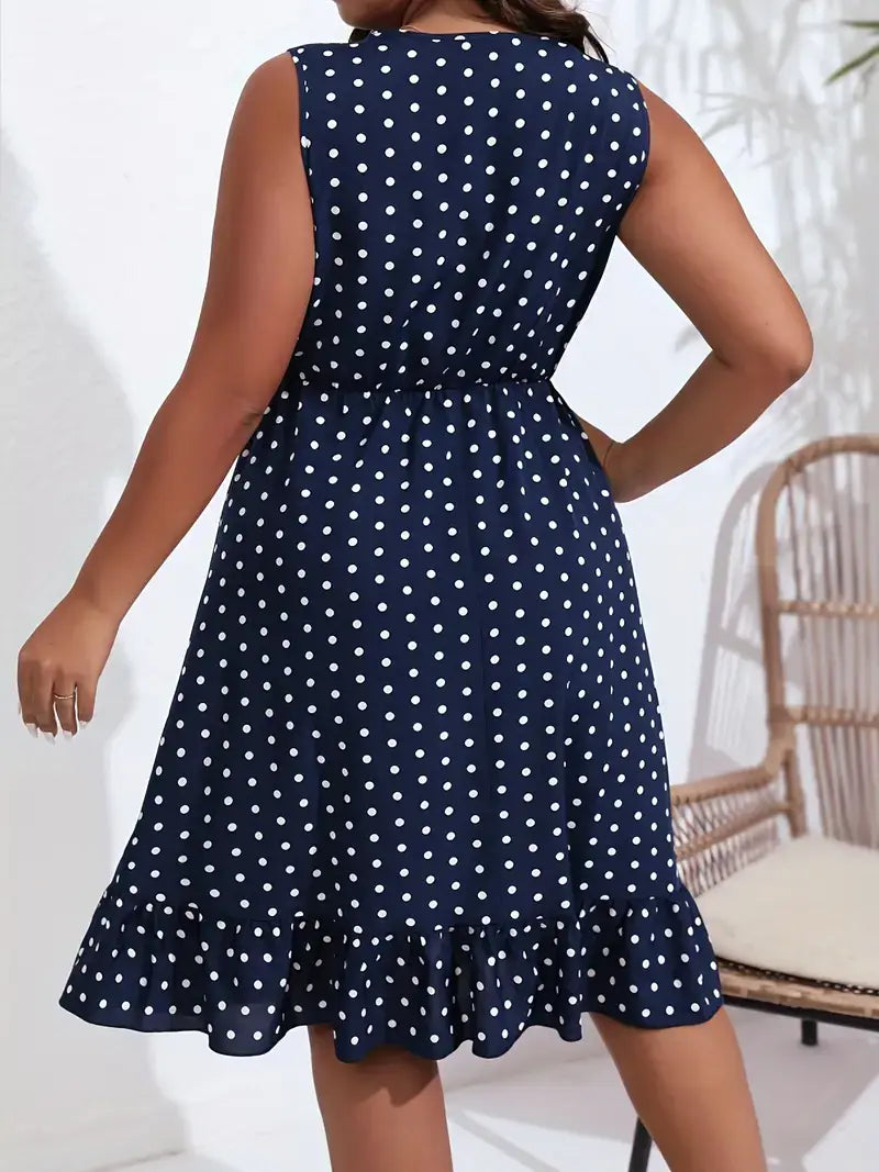 Plus Size Vacay Dress, Women's Plus Polka Dot Print V Neck