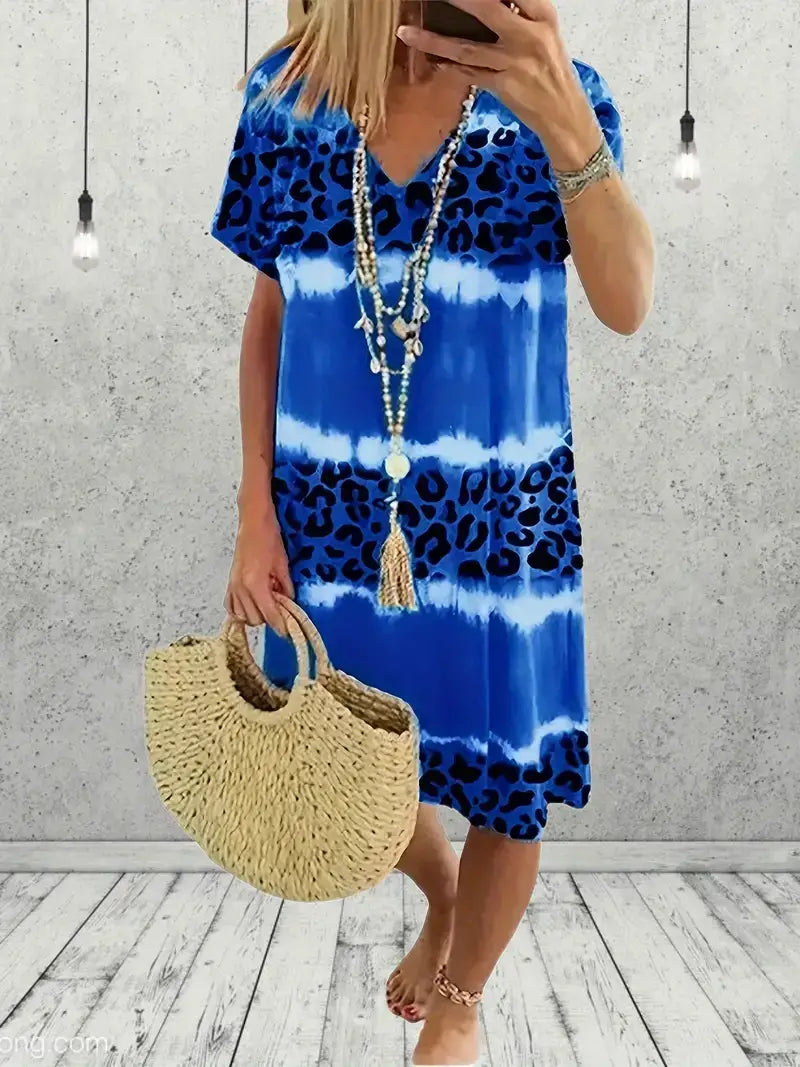 Plus Size Casual Dress, Women's Plus Tie Dye Leopard Print