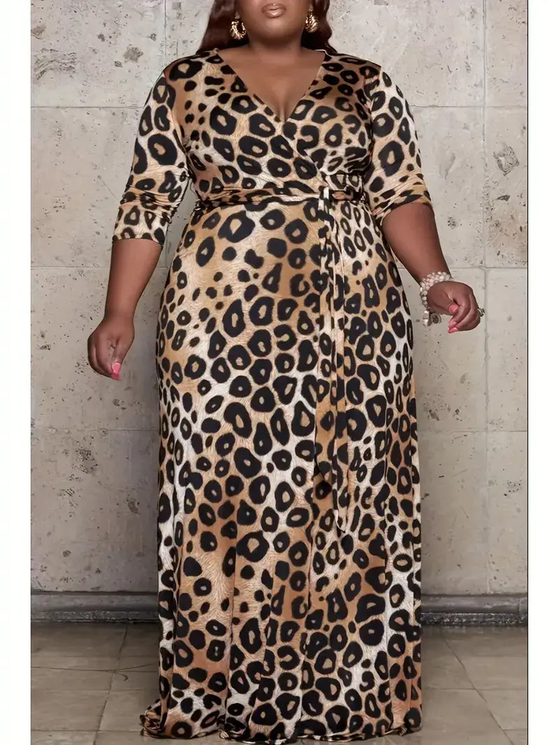 Plus Size Casual Dress, Women's Plus Leopard Print