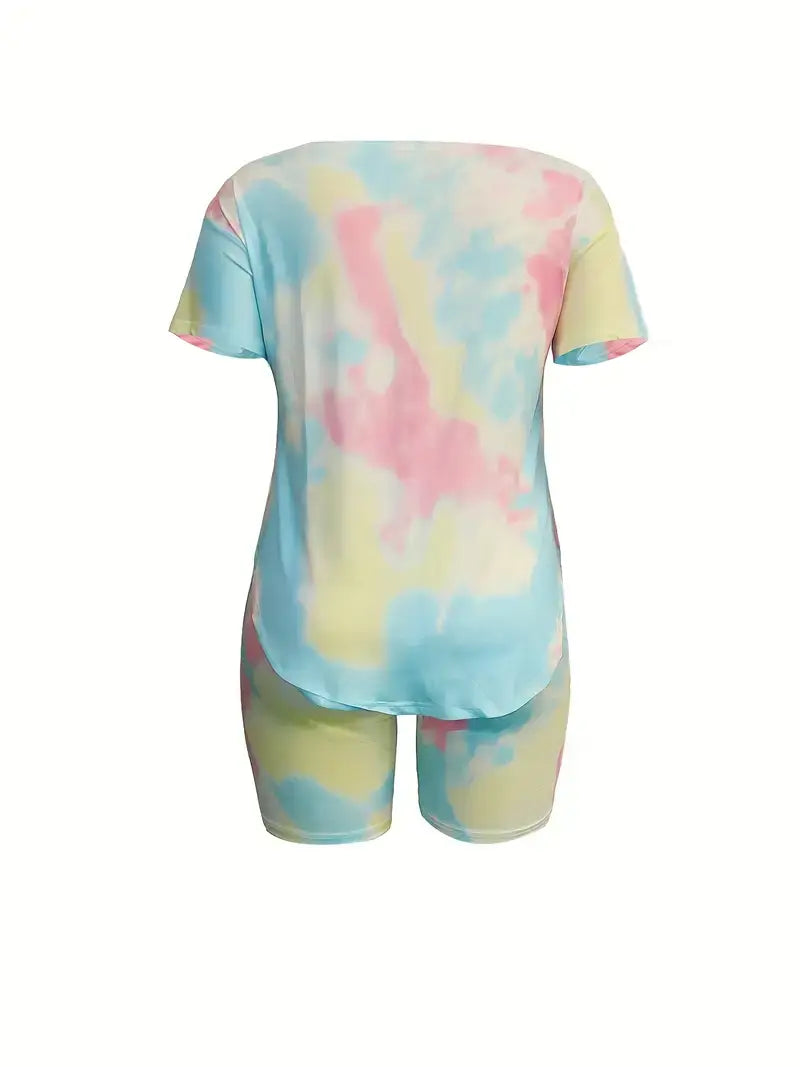 Plus Size Tie Dye Print Boat Collar Tops & Skinny Shorts Set