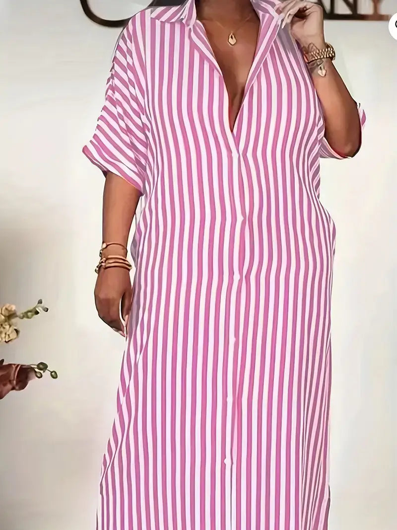 Plus Size Casual Dress, Women's Plus Stripe Print Button Up