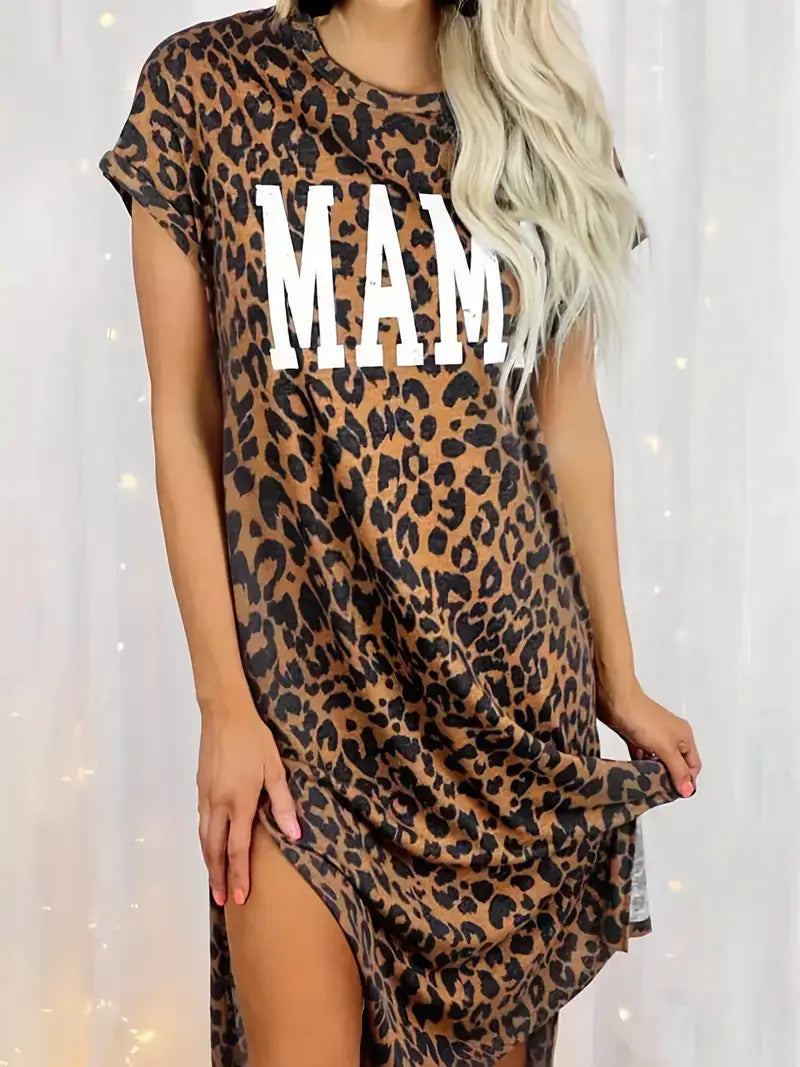 Plus Size Casual Dress, Women's Plus Leopard & Letter Print