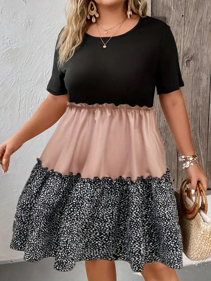 Plus Size Colorblock Retro Smock Midi Dress