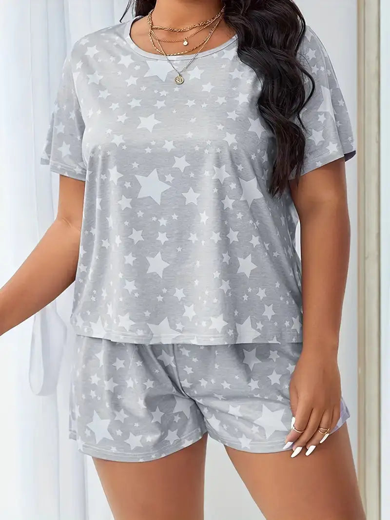 Plus Size Casual Pajama Two Piece Set, Star Print